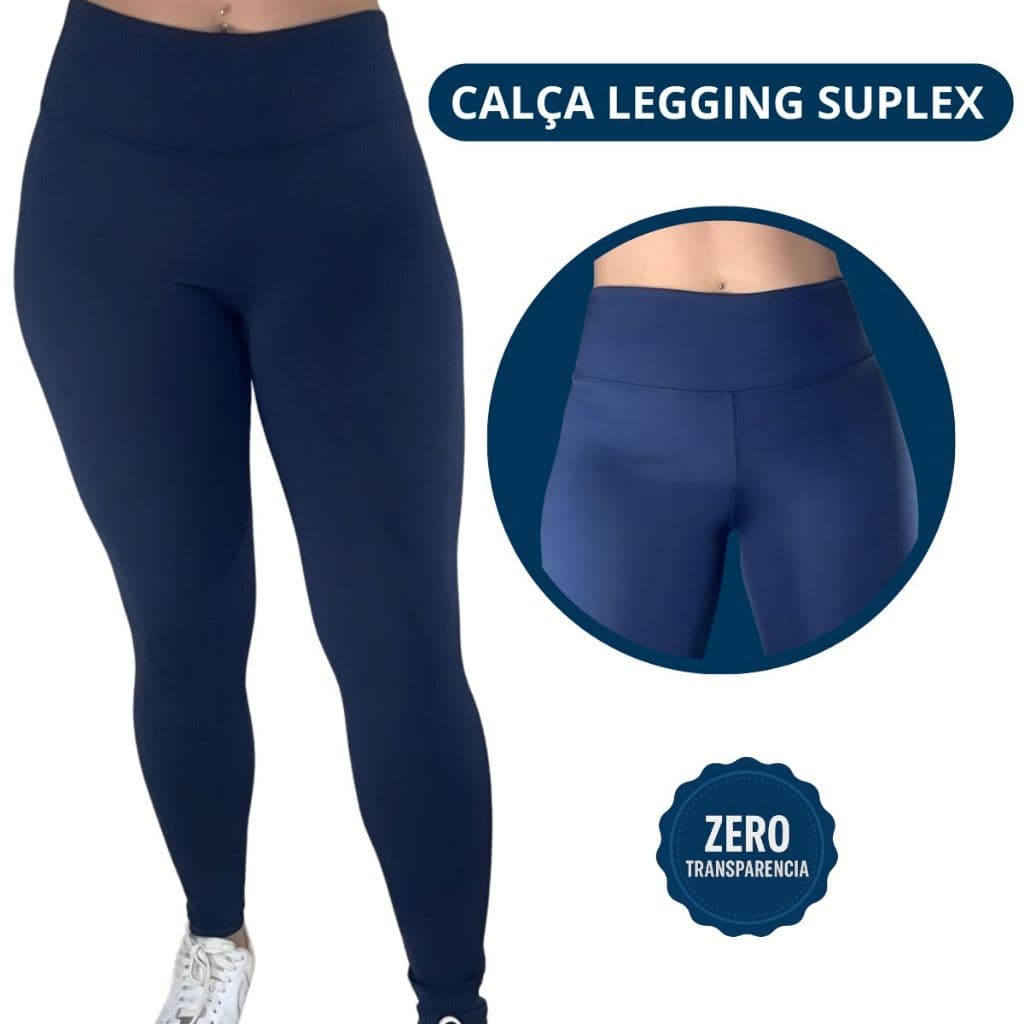Calça Legging Casual e Fitness Academia Leg Suplex Azul Básica Sem Transparência Cintura Alta Plus Size