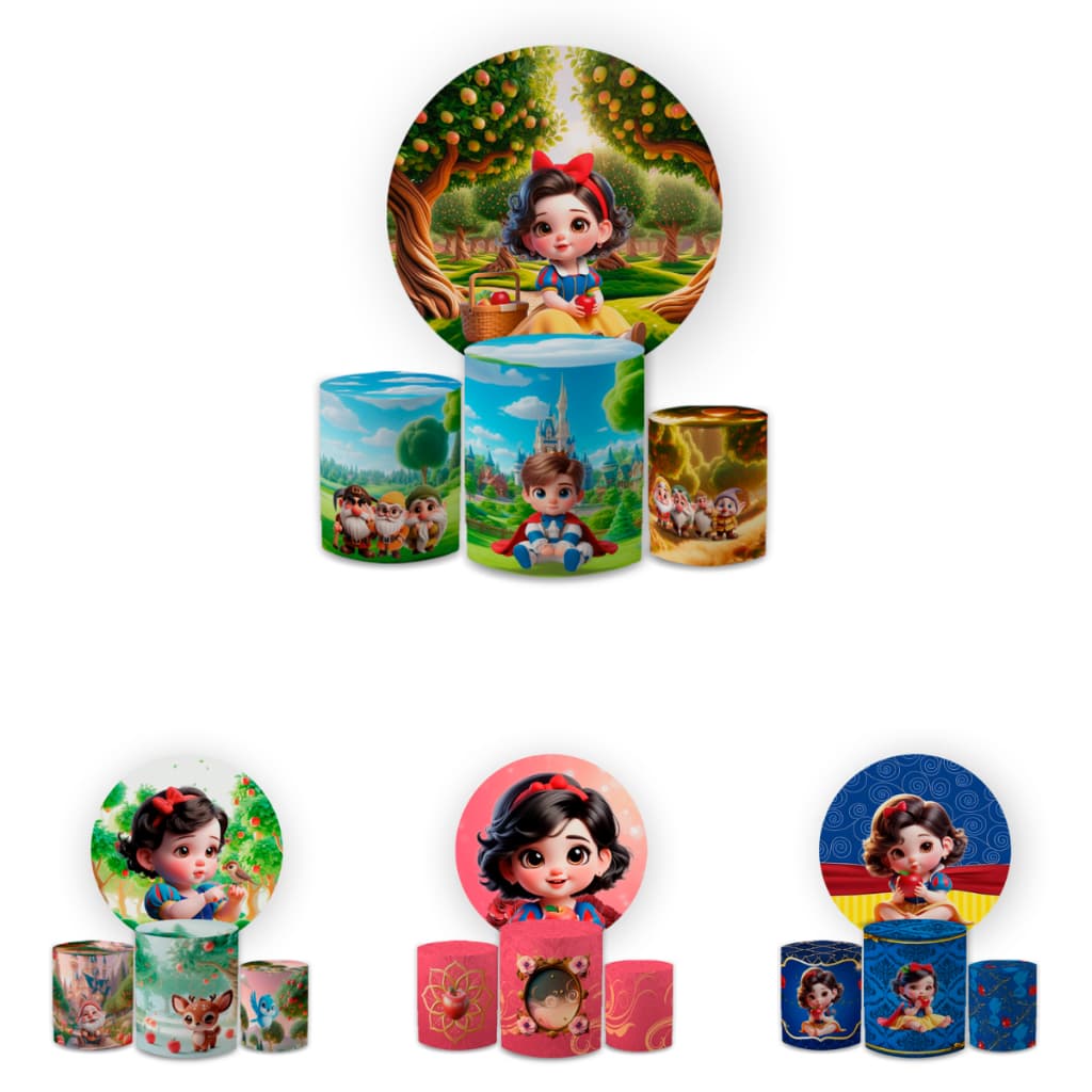 Capa Paineis de Festa Redondo+ Cilindros Sublimados Malha New Tema Brnca de Nve Decoração Infantil