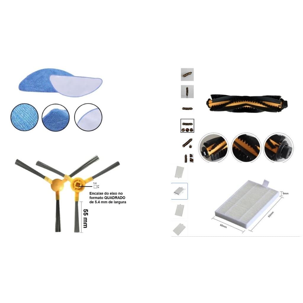 KIT REPOSICAO ROBO ASPIRADOR KABUM SMART 100 500 700, PANO, ESCOVAS LATERAIS E PRINCIPAL E FILTRO (LER DESCRIÇÃO)