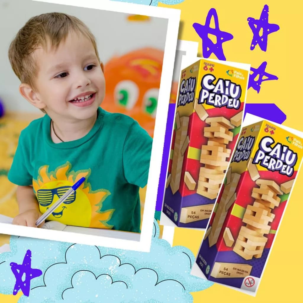 Jogo Caiu Perdeu 54 Peças Madeira Educativo Infantil Brinquedo Pedagógico Pais e Filhos