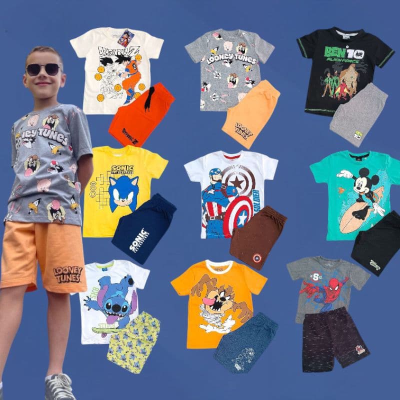Conjunto 2 Peças de Verão Menino Masculino Personagem Infantil Tamanho 1 , 2 , 3 e 4