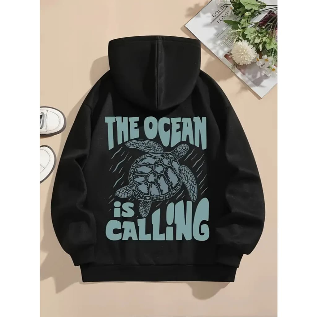 Moletom Unisex de Poliéster com Gráfico de Tartaruga, Sweatshirt com Capuz, Padrão de Alfabeto e Animal, Vestuário
