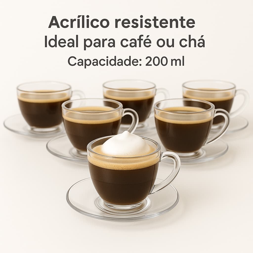 JOGO DE XÍCARAS COM PIRES 12 PEÇAS - 6 PIRES - 6 XÍCARAS 200ML ACRÍLICO TRANSPARENTE PARA CHÁ/CAFÉ