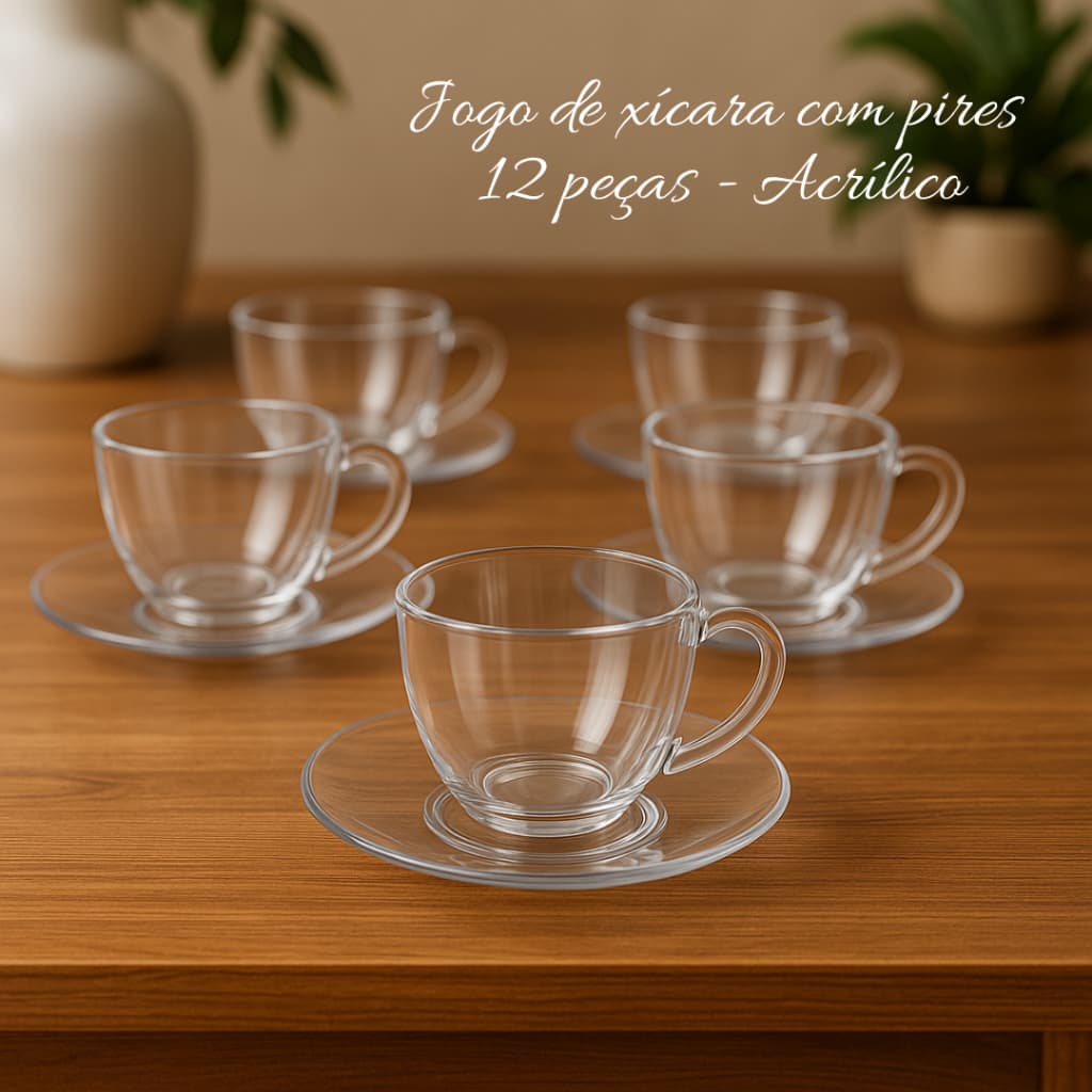 JOGO DE XÍCARAS COM PIRES 12 PEÇAS - 6 PIRES - 6 XÍCARAS 200ML ACRÍLICO TRANSPARENTE PARA CHÁ/CAFÉ