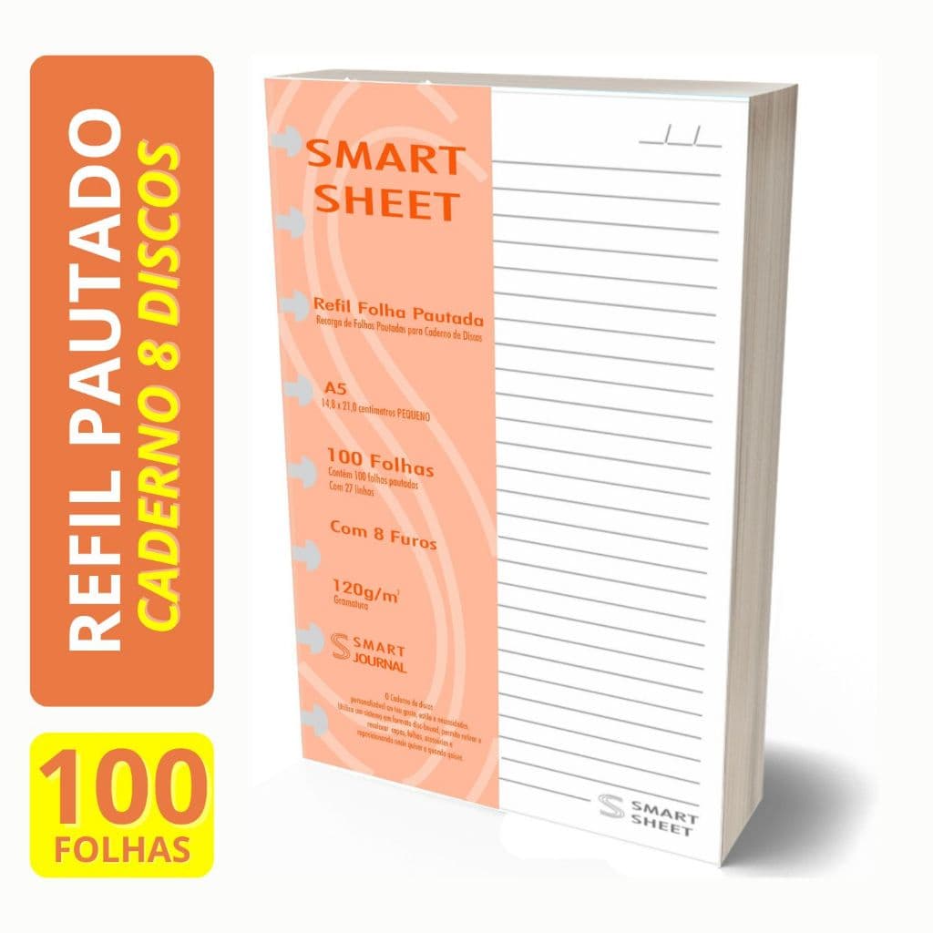 Refil Caderno de Discos 120g 100 Folhas Pautado Pequeno A5 8 Furos
