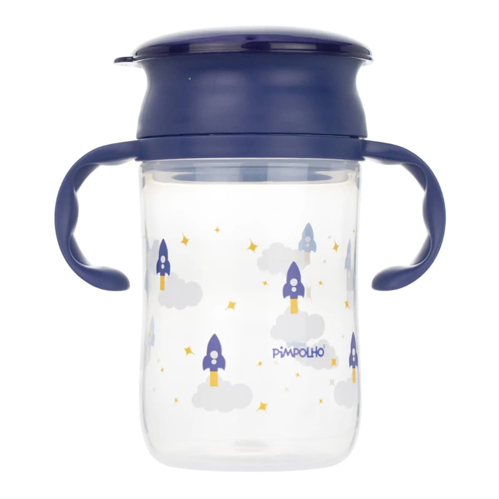 Copo De Treinamento 360° com Alça 330ml Pimpolho Azul de Foguete