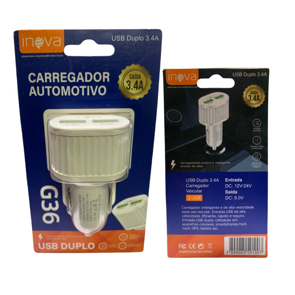 Cabo USB Duplo G36 Inova 3.4A Carregador Automotivo