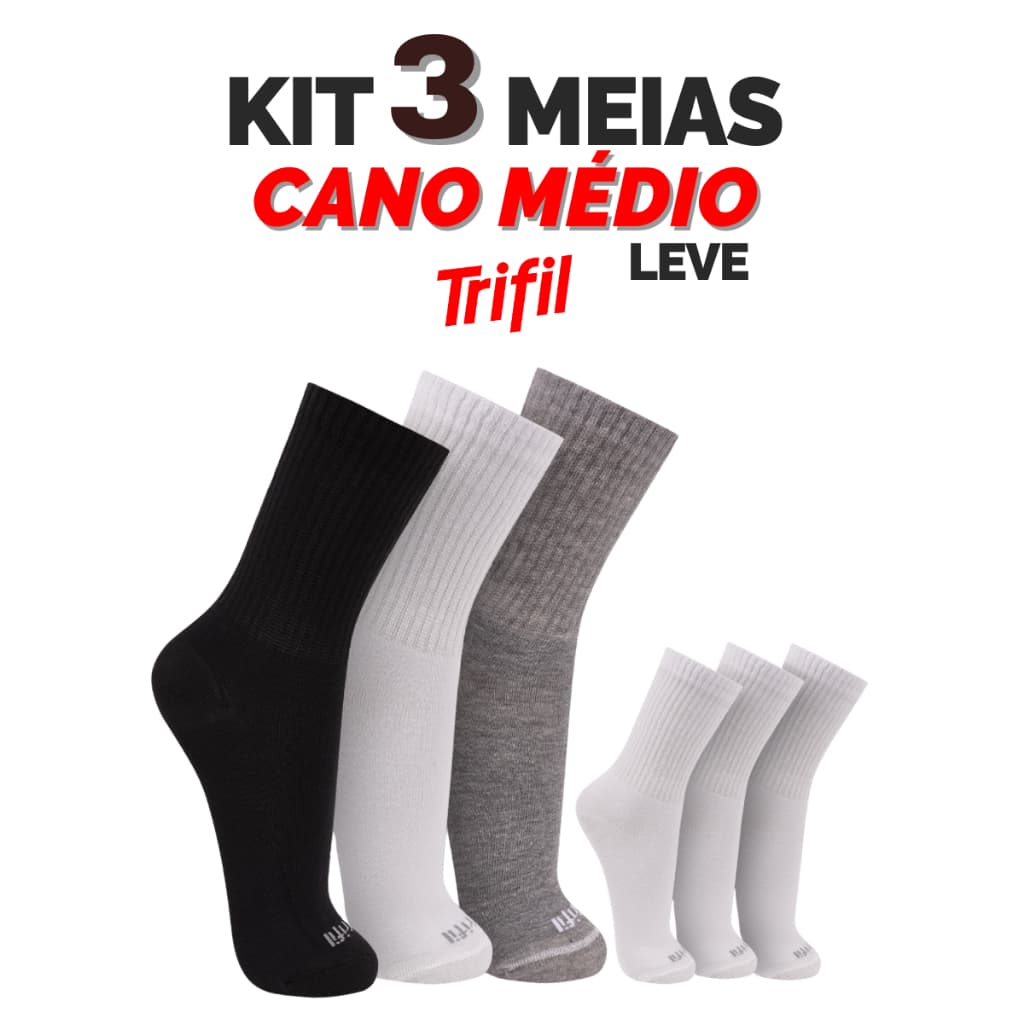Kit 3 Pares Meia Médio Longo Trifil Esportiva Leve Algodão Cano Alto T08012