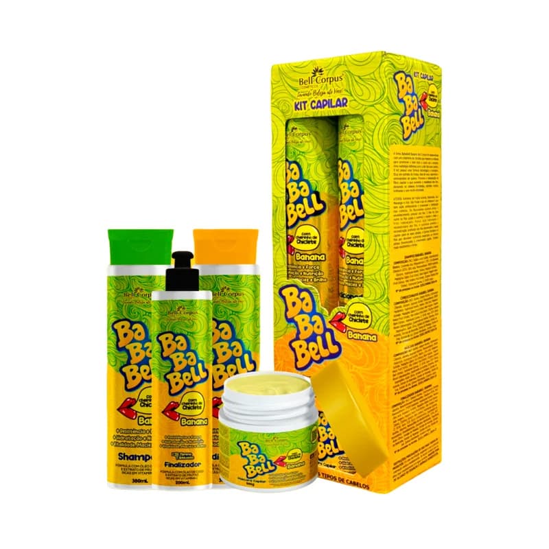 Kit Capilar Bababell Banana com 4 itens Hidratação, Brilho e Antifrizz. Infantil e Adulto