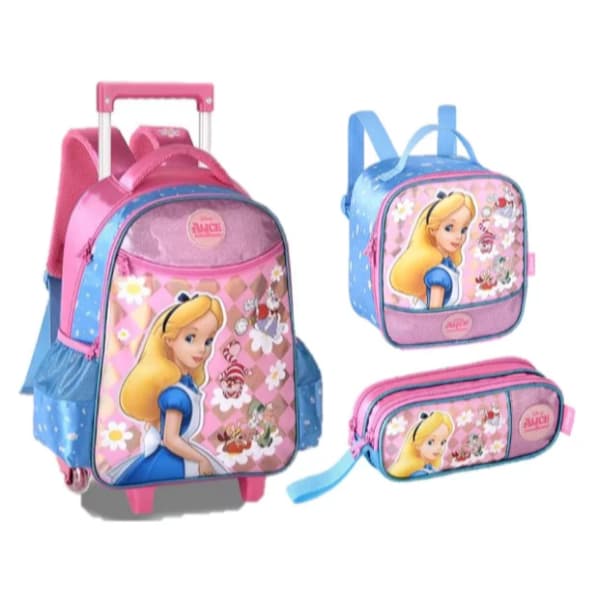 Kit Mochila de Carrinho Lancheira Estojo Alice no País das Maravilhas Rosa Oficial (Disney) ClioStyle