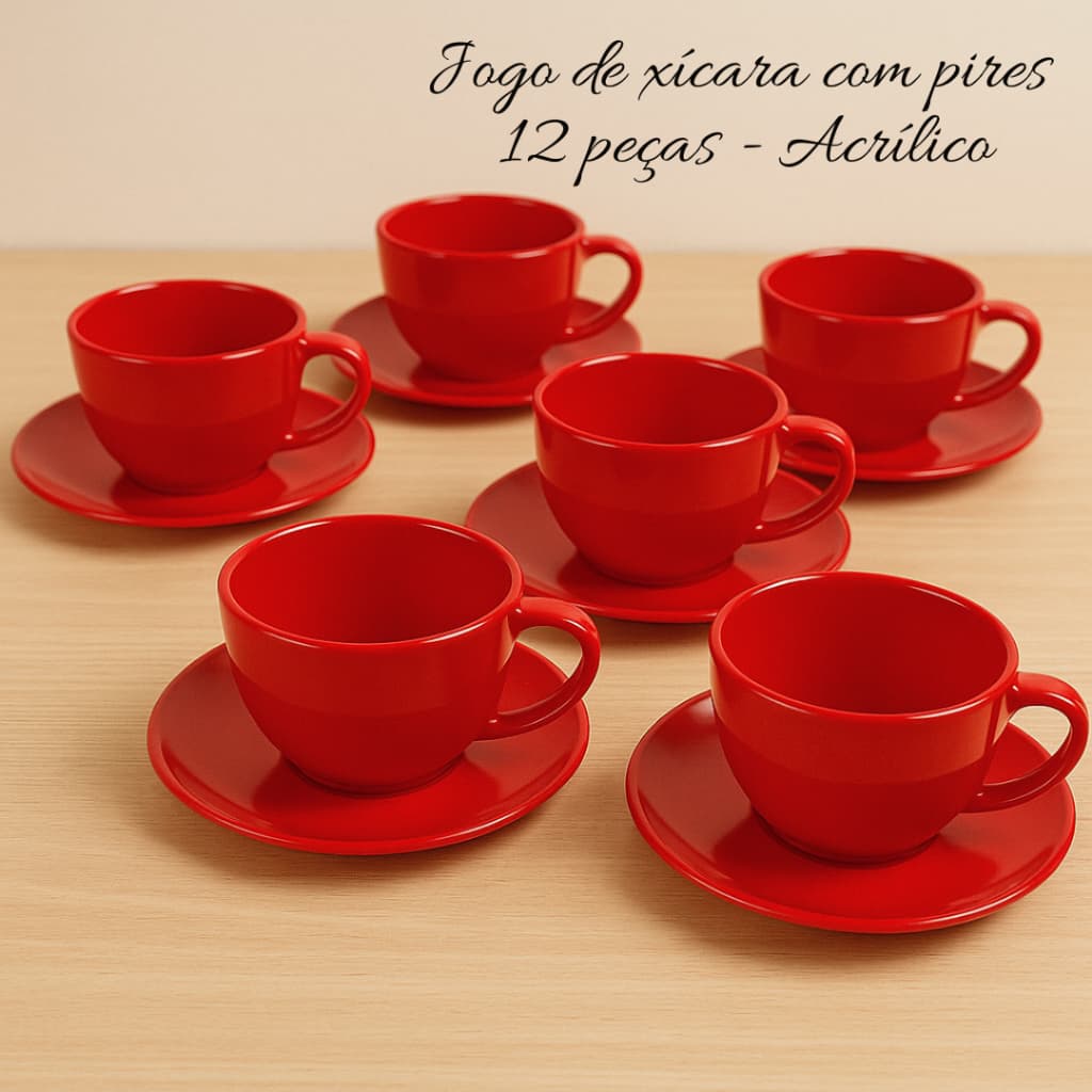 JOGO DE XÍCARAS COM PIRES 12 PEÇAS - 6 PIRES - 6 XÍCARAS 200ML ACRÍLICO COR VERMELHO PARA CHÁ/CAFÉ