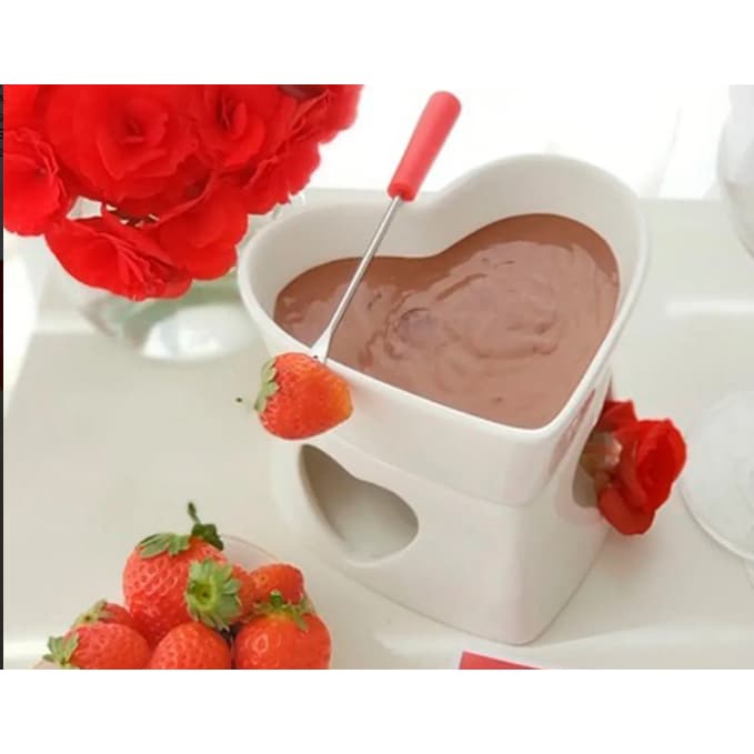 Jogo Kit Conjunto de Fondue Cerâmica Com 7 Peças Com 4 Garfos Fogareiro Para Carne Chocolate Queijo Frutas