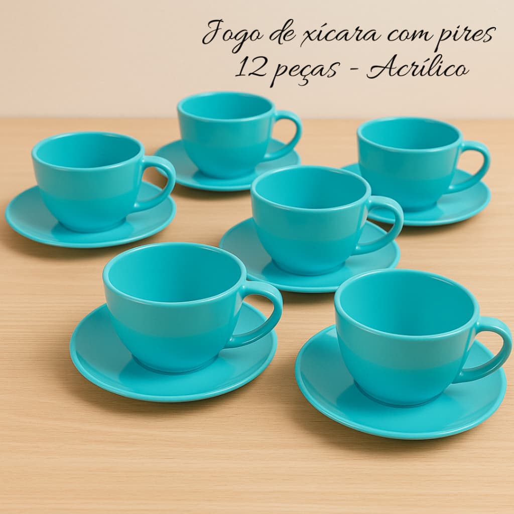 JOGO DE XÍCARAS COM PIRES 12 PEÇAS -6 PIRES -6 XÍCARAS 200ML ACRÍLICO COR AZUL TIFFANY PARA CHÁ/CAFÉ