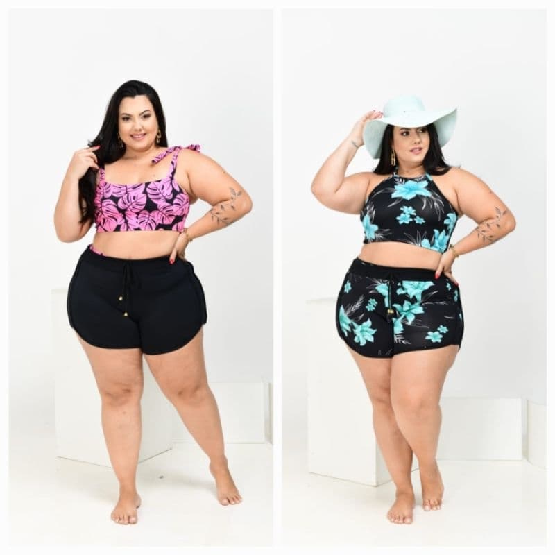 KIT COM 2 PEÇAS DE SHORTS (1 ESTAMPADO + 1 PRETO LISO) M AO G2 (36 AO 56)