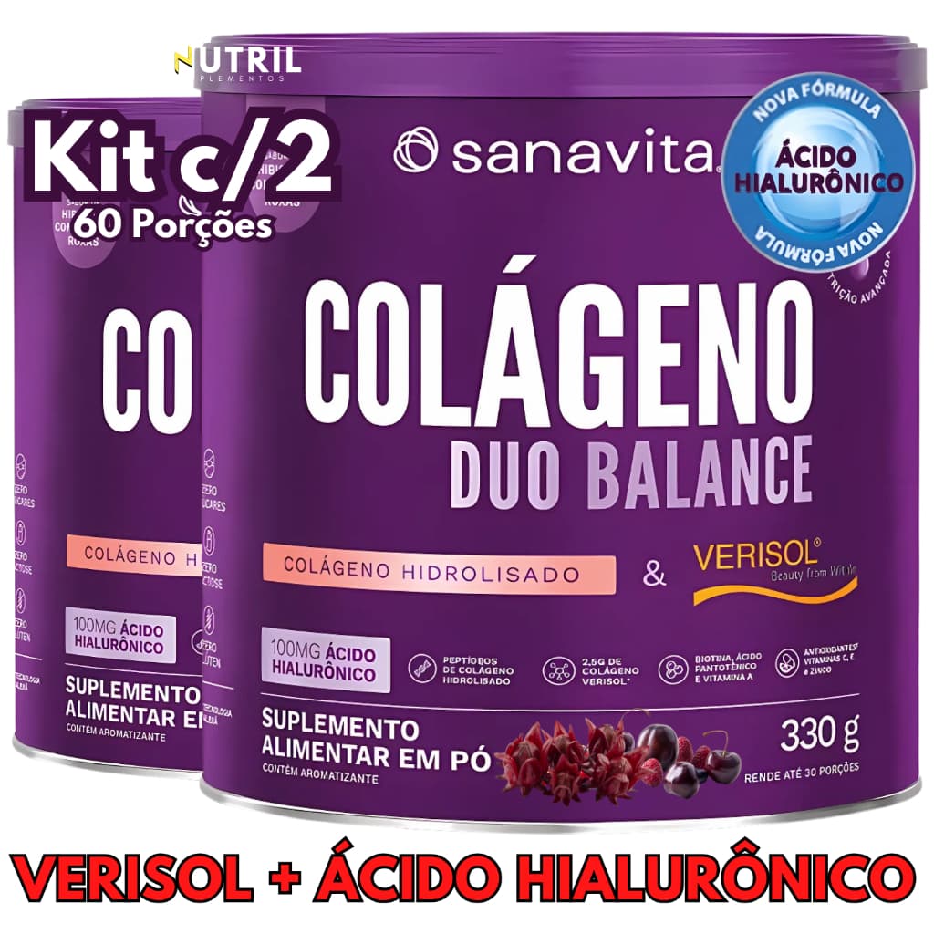 Kit 2X Colágeno Duo Balance em pó ( Verisol e Ácido Hialurônico Hyaluronic + Hidrolisado ) Sanavita