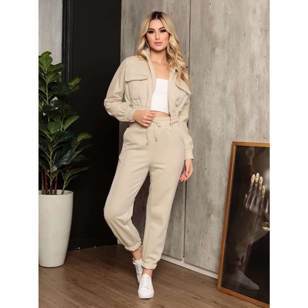 Conjunto Feminino Moletom Calça com Cropped Frio outono/inverno Casual