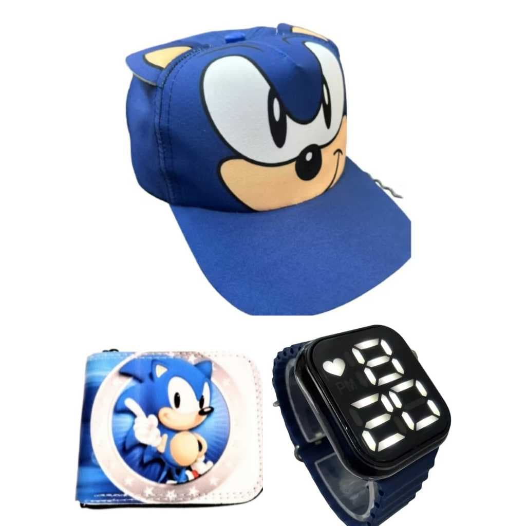 Boné novo carteira do Sonic e relógio digital a prova d agua infantil masculino , seu filho merece um presente assim.