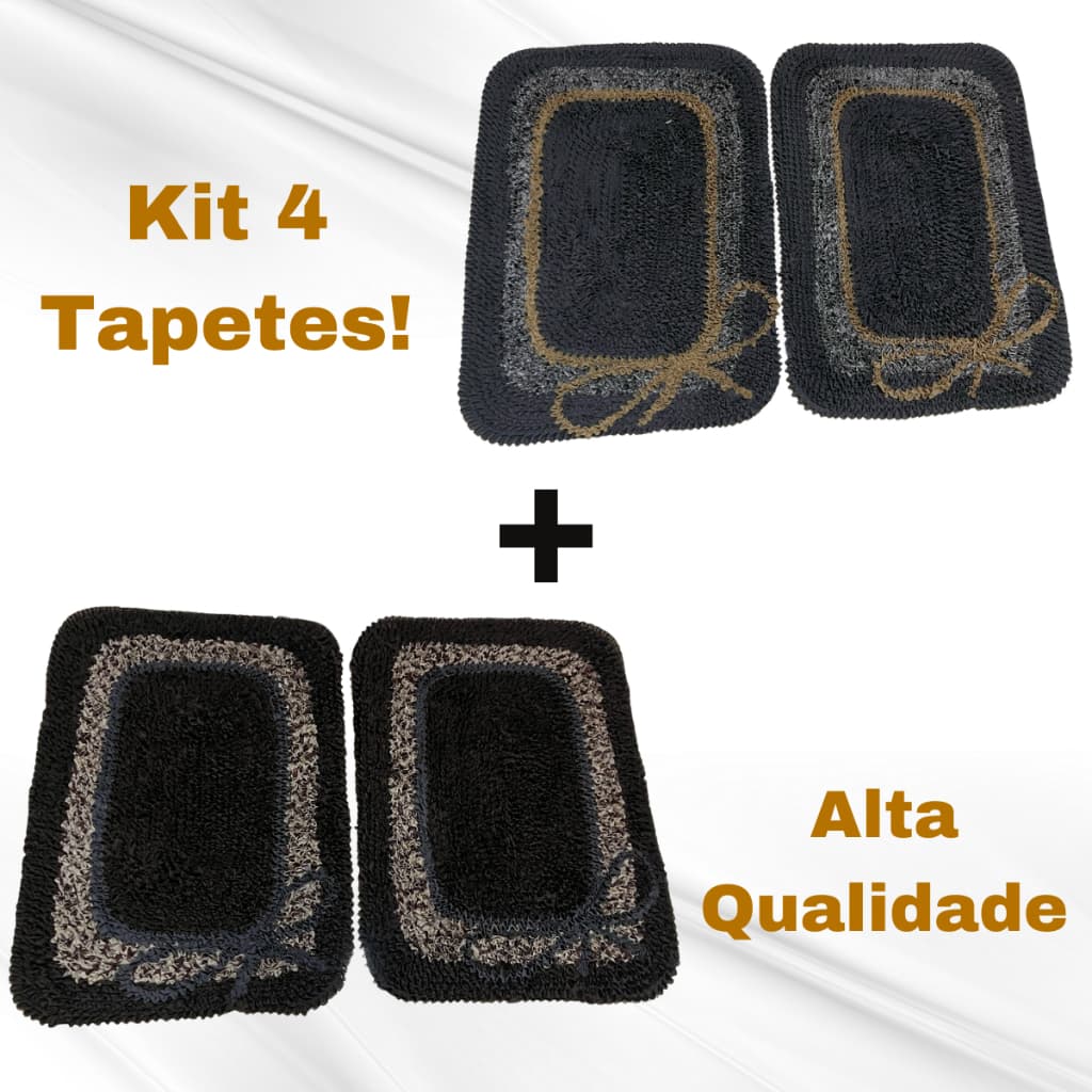Tapetes Fru Fru Kit Com 4 Unidade Laço Preto Malha Gel MT 45X60