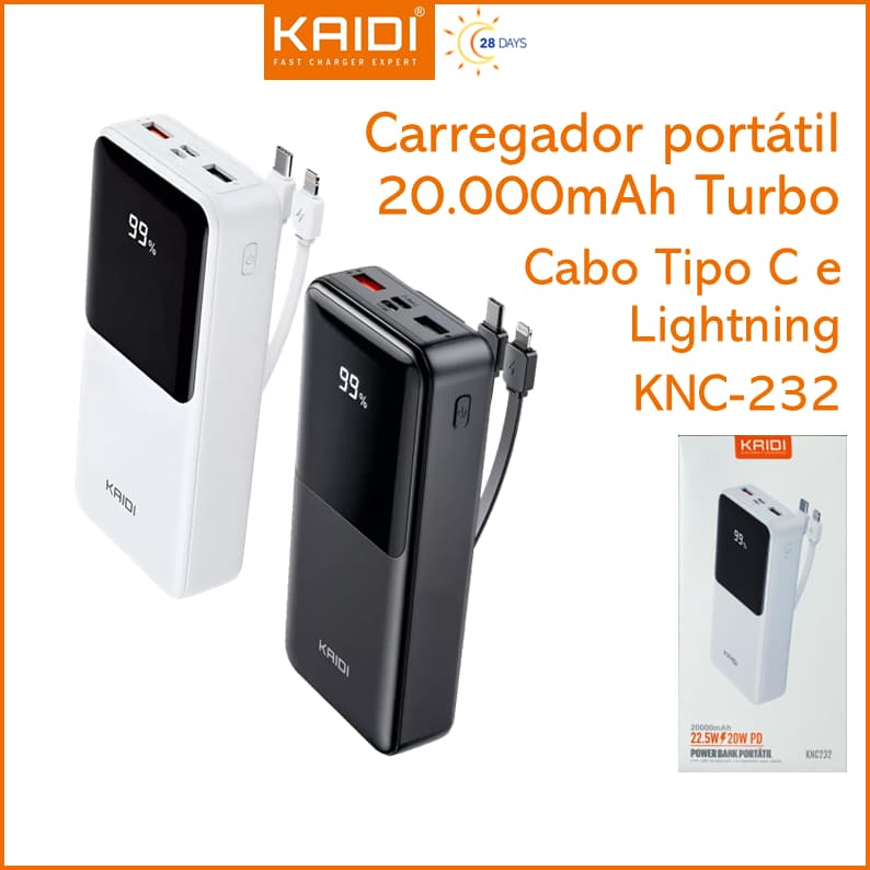 Bateria Portátil Power Bank Turbo com 2 cabos embutidos 20.000mAh KAIDI KNC-232