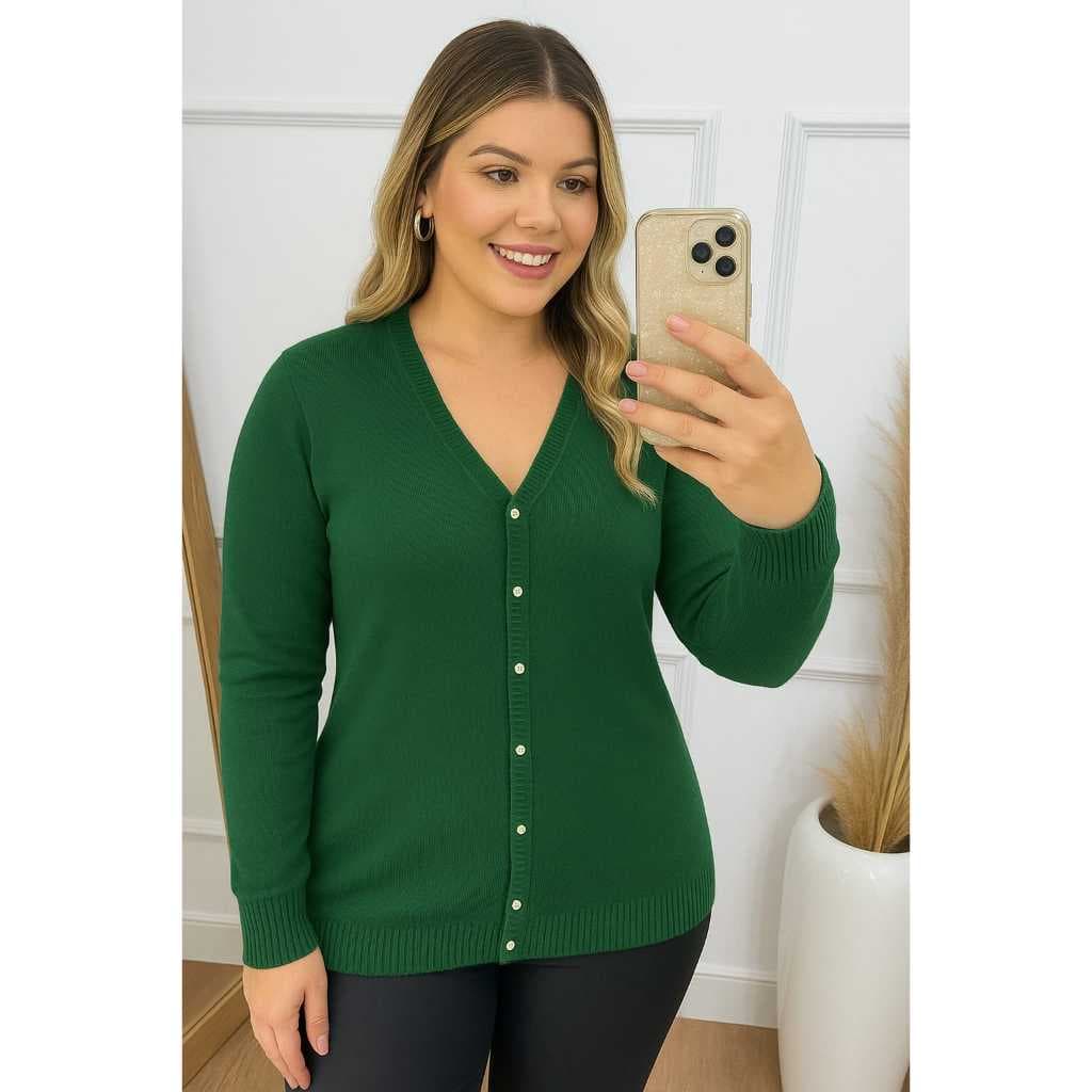 Casaco Feminino Casual Básico de Tricot Tricô Liso Aberto Botões Decote V Manga Longa Moda Inverno