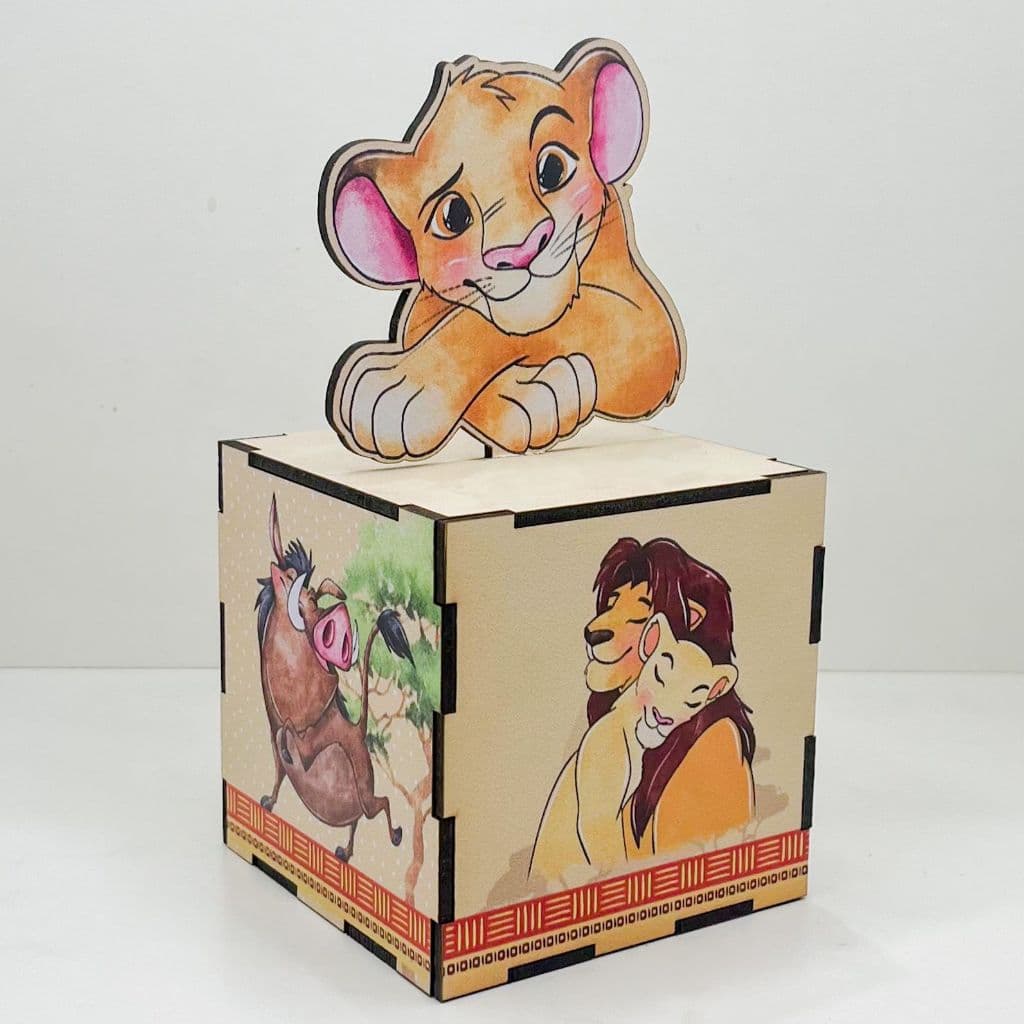 5/10/15 PCS Cubo Porta Treco com Aplique 10x10 Rei Leão em MDF - Centro de Mesa Caixa Lembrança