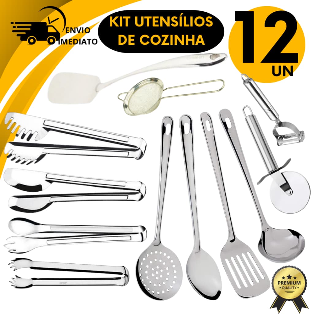 Kit Utensilios Para Cozinha 100% Inox Colher Concha Espatulas Escumadeira Pegadores Descascador Legumes Peneira