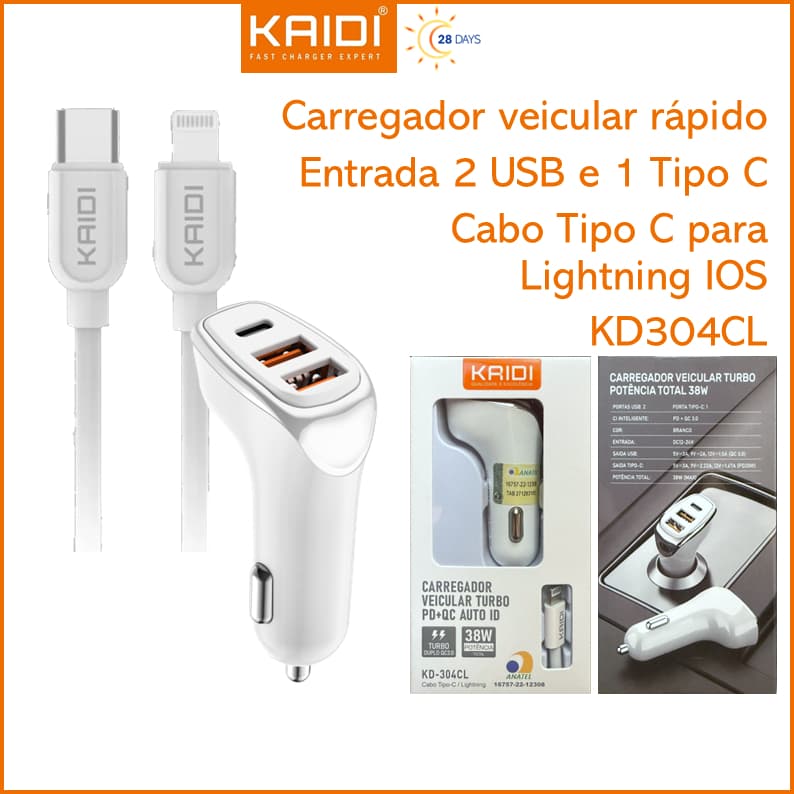 Carregador Veicular Turbo Fonte com 3 Saídas com Cabo Tipo C para Lightning IOS 1m Kaidi KD-304CL