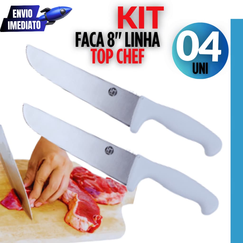 Kit 4 Utensílios Faca Linha Top Chef 8" Variáveis Carne Churrasco Peixe Perfeito para sua Culinária Cozinha Promoção