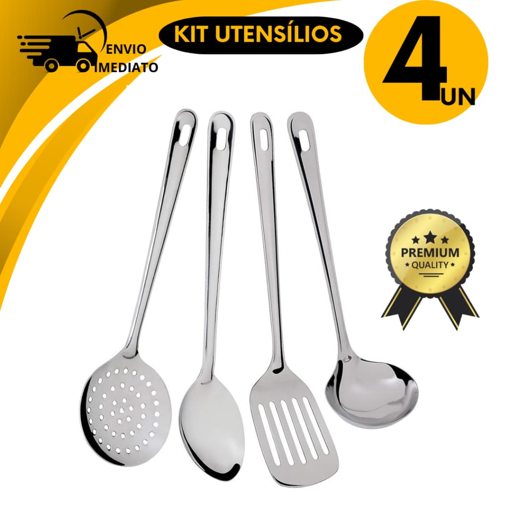 Kit Utensílios Cozinha Inox  Concha Espátula Escumadeira e Colher de Arroz