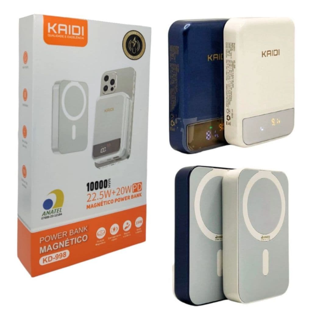 Carregdador Turbo Por Indução Portatil Power Bank Magnético Kaidi KD 998 USB-A + USB-C branco 10000 mAh carregamento ráp
