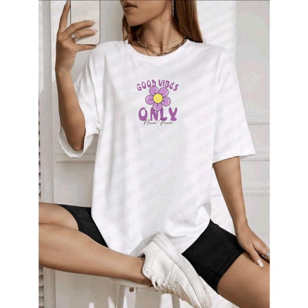 Camisa Camiseta Oversized Feminina Good Vibes 100% Algodão - Cor Preta e Branca