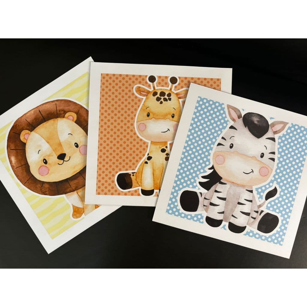 Kit 3 Quadros Decorativos Animais Safari 20x20cm Cada, Decoração Infantil em PS Poliestireno