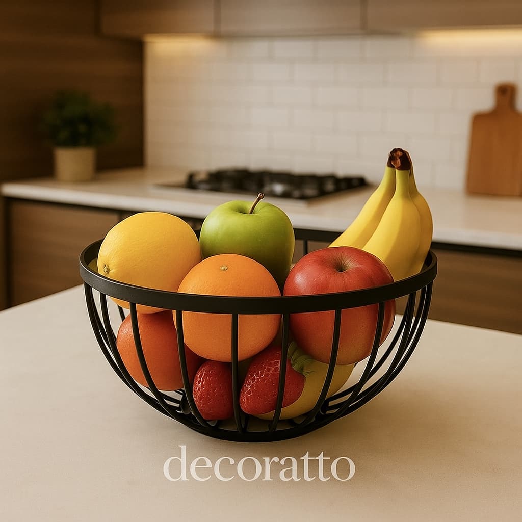 Fruteira de Mesa Cesto de Frutas Metal Aramado Redondo com Fundo de Madeira e Pé