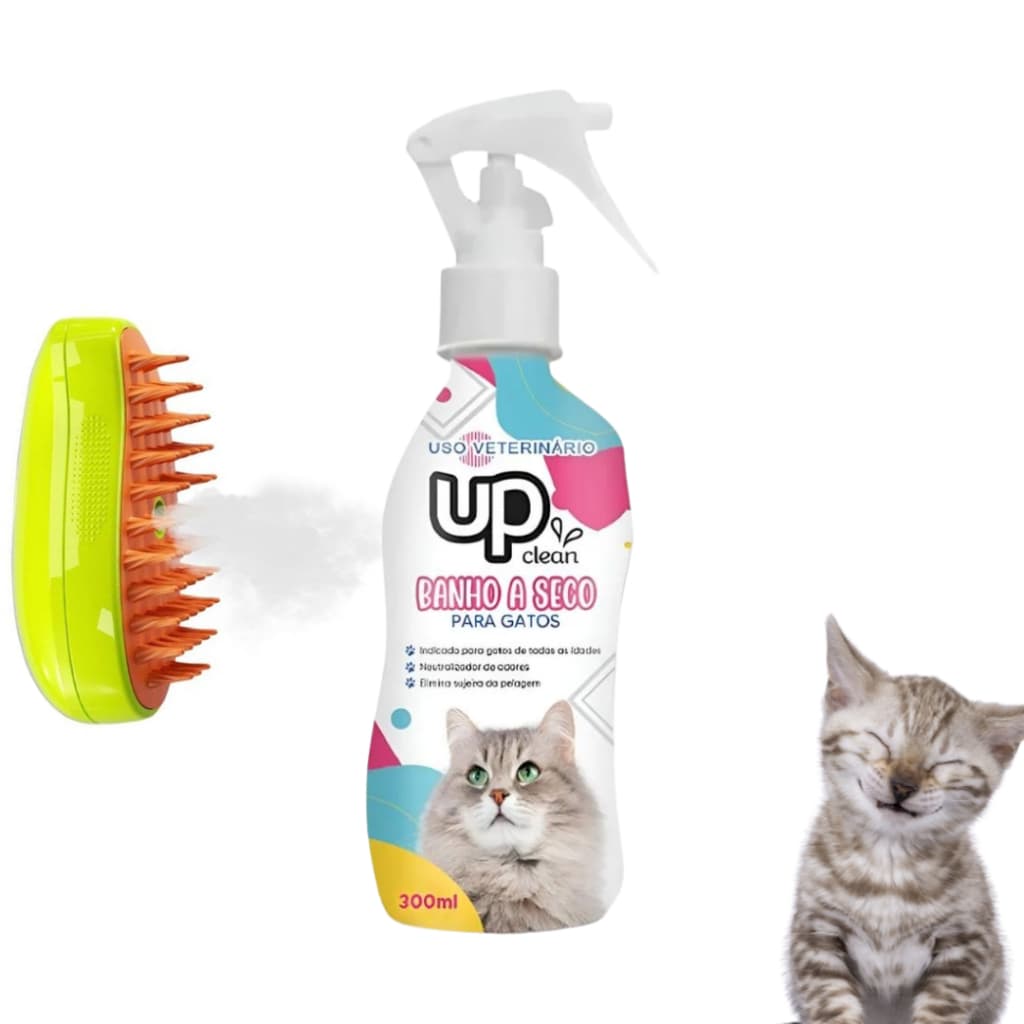 Kit Premium Up Clean Banho a Seco 300ml Para Gatos Com Escova Vaporizada Exclusiva Para Seu Pet