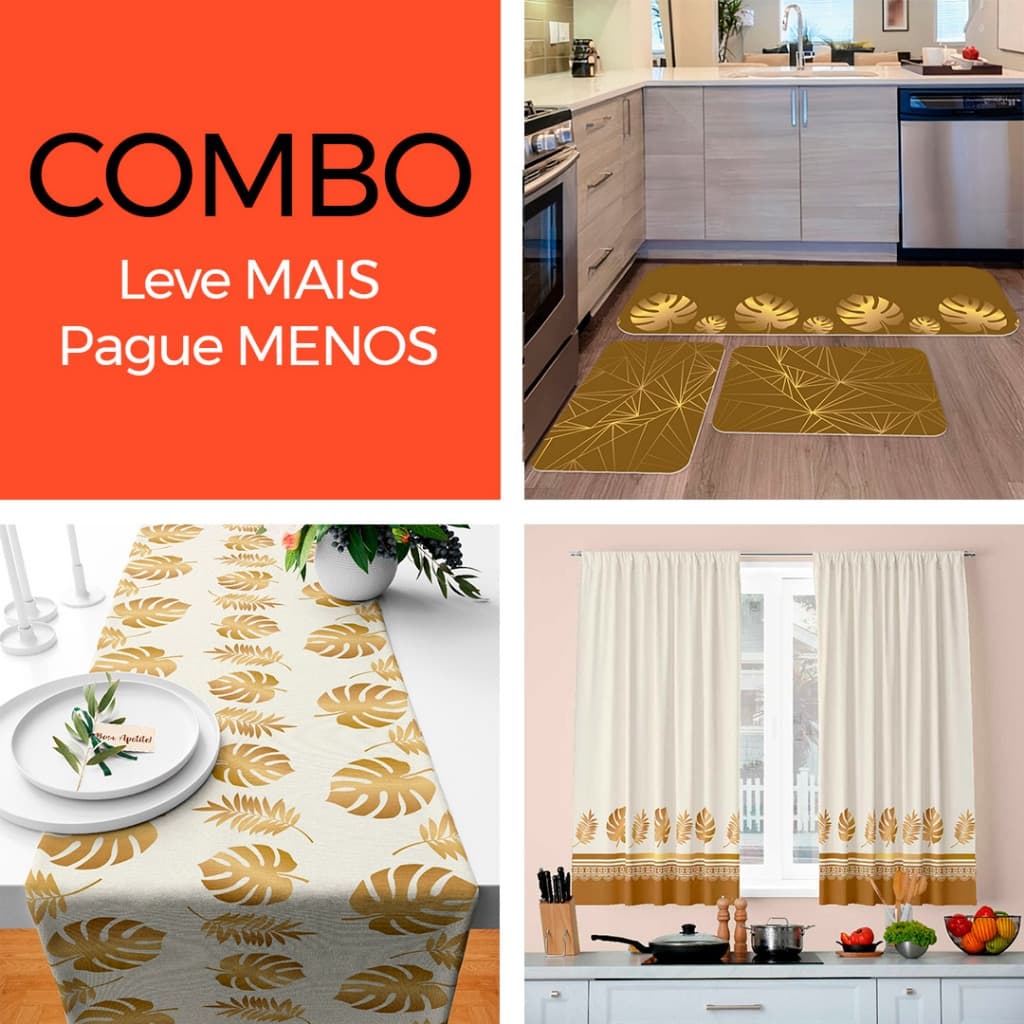 COMBOS - Cortinas + Kit com 3 Tapetes para Cozinha + Trilho de Mesa - Folhagem