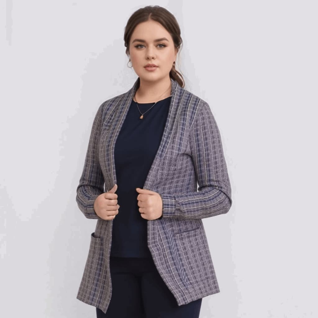 Cardigan Casaco Feminino em Xadrez com Bolso Frontal Inverno Plus Size