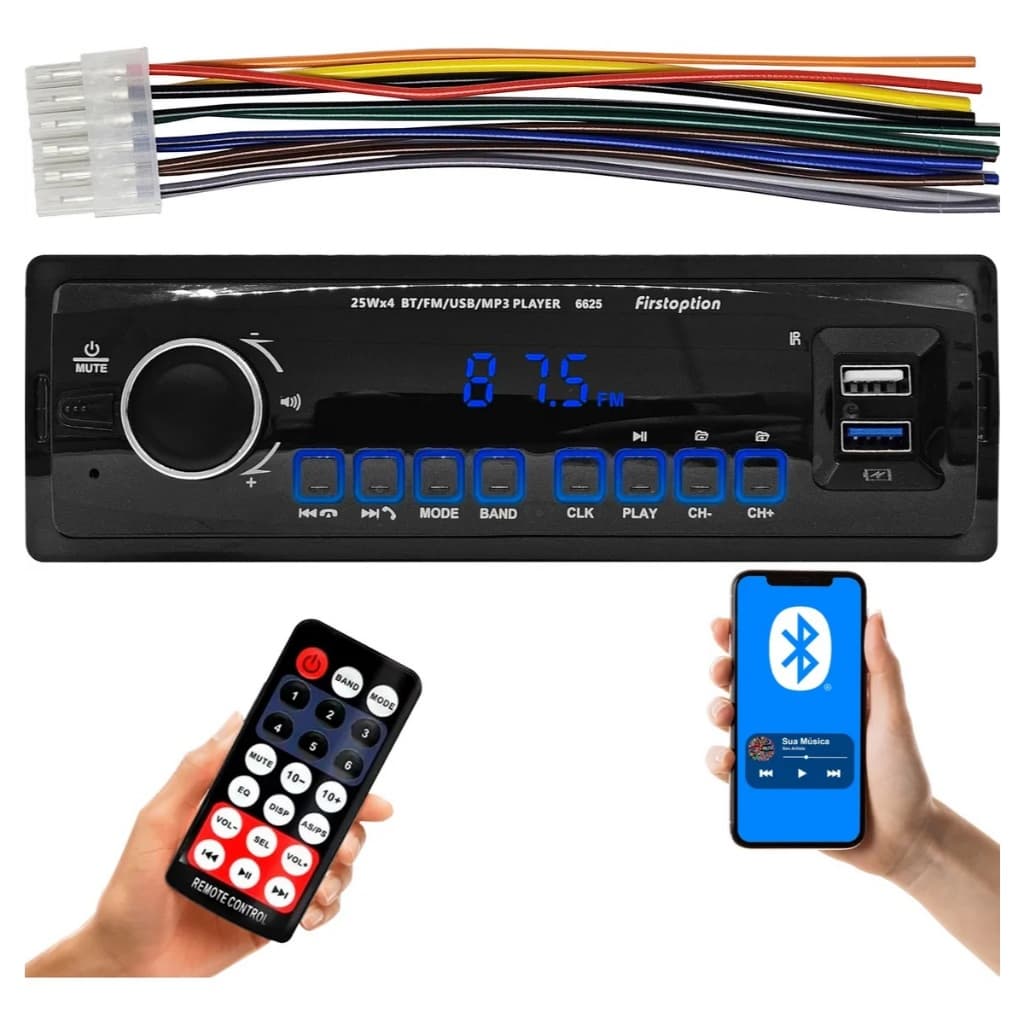 SOM AUTOMOTIVO MP3 PLAYER BLUETOOTH USB SD RÁDIO FM 1DIN APARELHO DE SOM FIRST OPTION AUTOMOTIVO