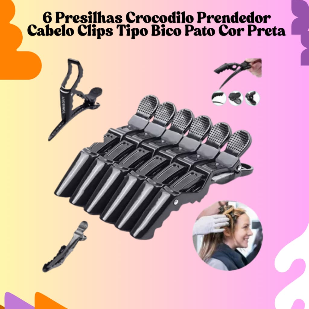6 Presilhas Crocodilo Prendedor Cabelo Clips Tipo Bico Pato Cor Preta!
