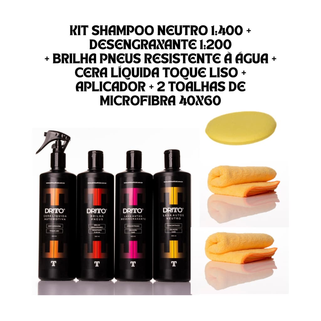 Kit Lavagem Automotiva Profissional Dritto –Shampoo Neutro, Desengraxante, Cera, Brilha Pneu e Panos