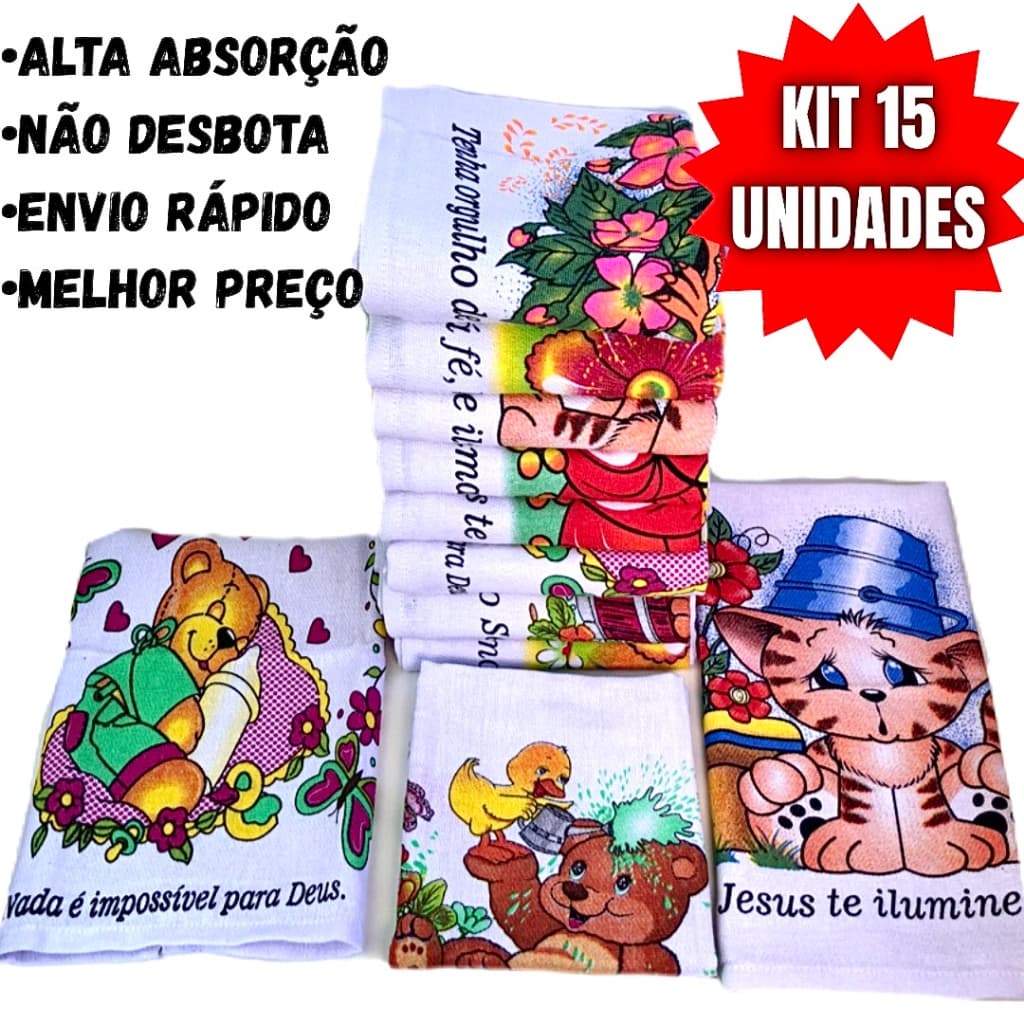 Pano de Prato Estampado Com Bainha Kit Com 15 Unidades, 100% Algodão e Enxugante Para Cozinha Tamanho 45x70cm