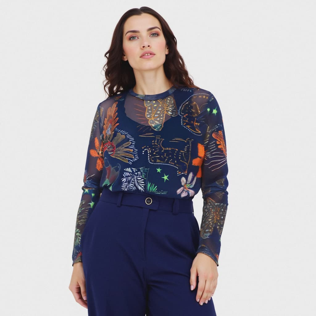 Blusa Tule Estampada Manga Longa com Regata Moda Feminina