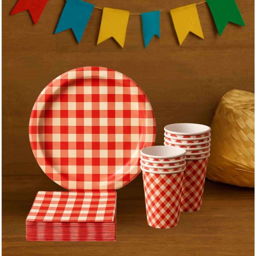 KIT Festa Junina Descartáveis Xadrez Vermelho Copo Prato Guardanapo Decoração Mesa Piquenique Aniversário Papel Pic Nic