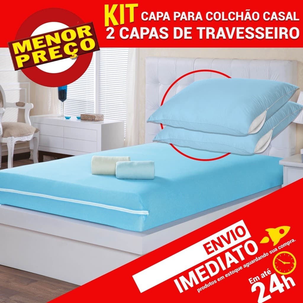 Kit Capa Protetor Colchão Casal + 2 Capas Travesseiro Antiácaro c/ Zíper Proteção Total