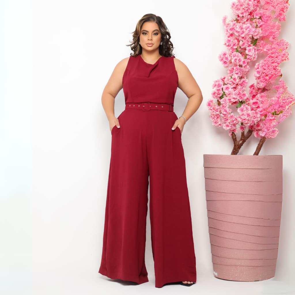 Macacão Feminino Longo Plus Size Pantalona Elegante Tecido Confortável Cinto Ajustável