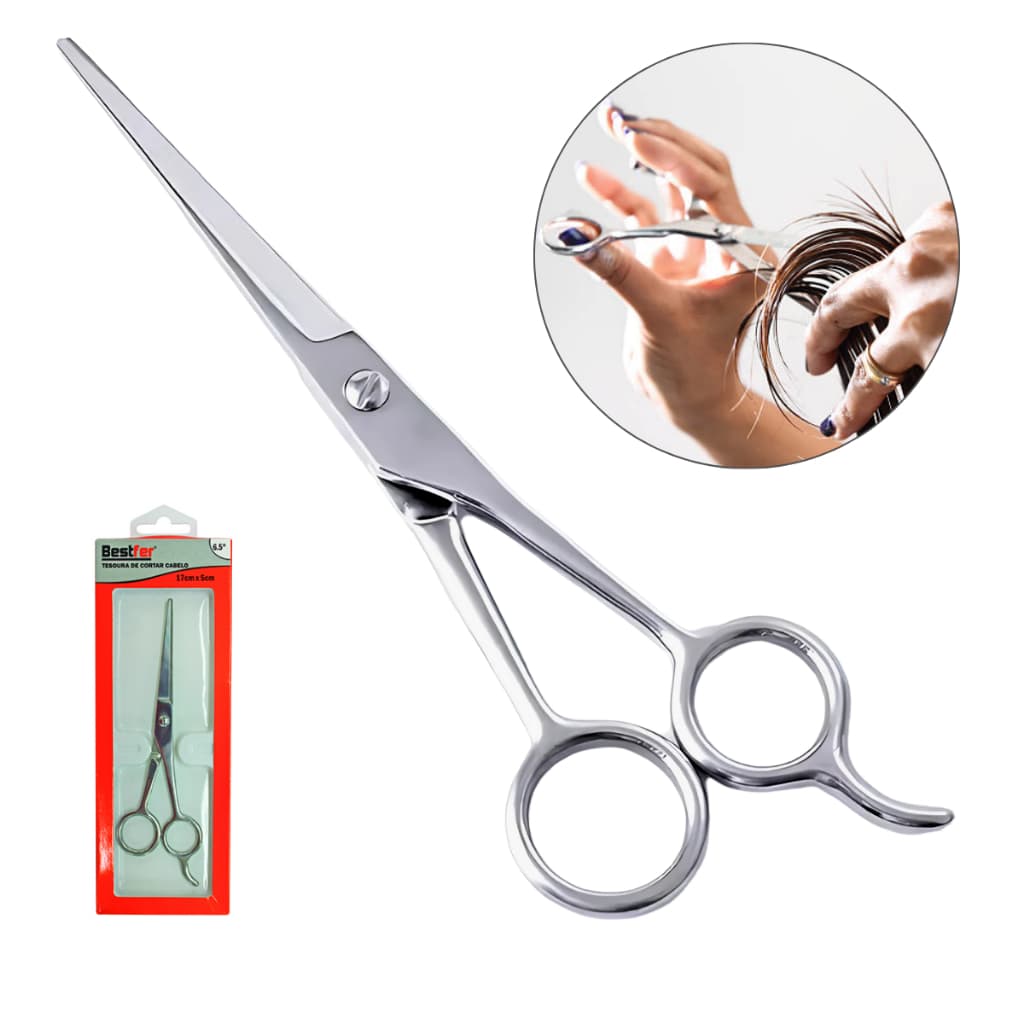 Tesoura de Cortar Cabelo Profissional 17cm em Aço Inoxidável Com Descanso Dedo Cabeleireiro Barbeiro