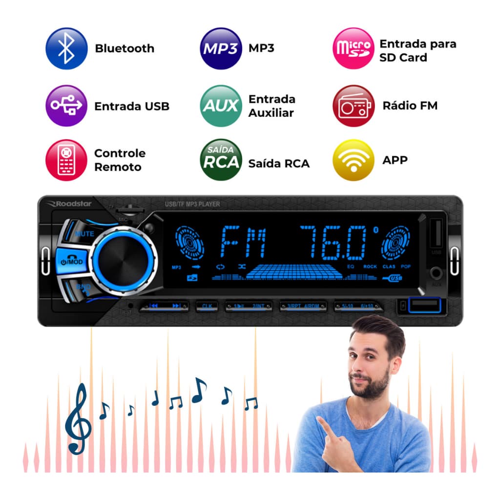 Radio Automotivo Bluetooth Mp3 Potente Melhor Que Soni Pioner Painel 7 Led 2 Usb Carrega Celular