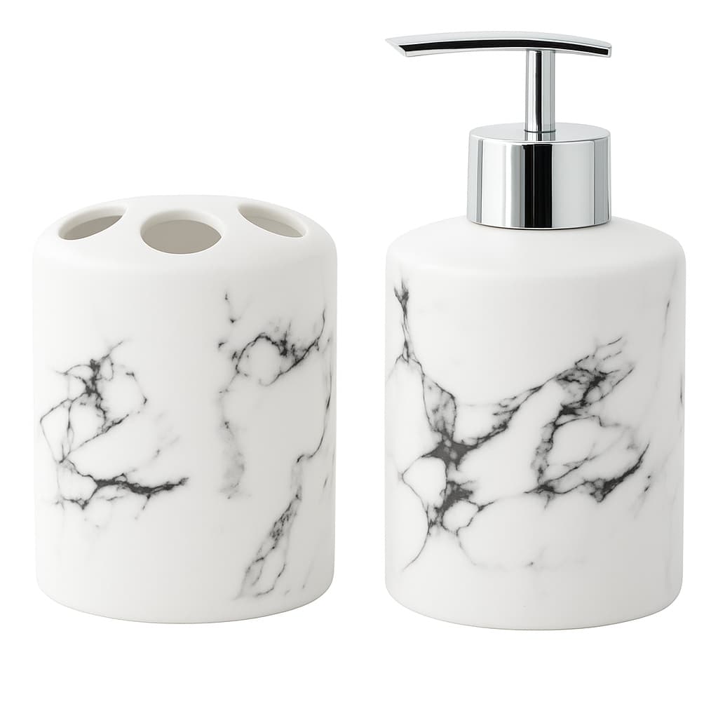 Kit Banheiro Lavabo 2 Peças Tracce Branco Marmore Porta Sabonete Líquido Porta Escova Em Cerâmica