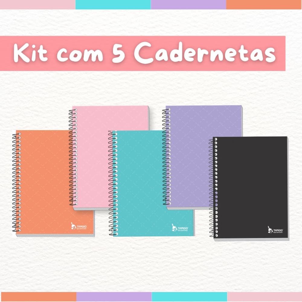 KIT COM 5 CADERNETAS PEQUENA CAPA DURA 1/8 64FLS CORES PASTEL