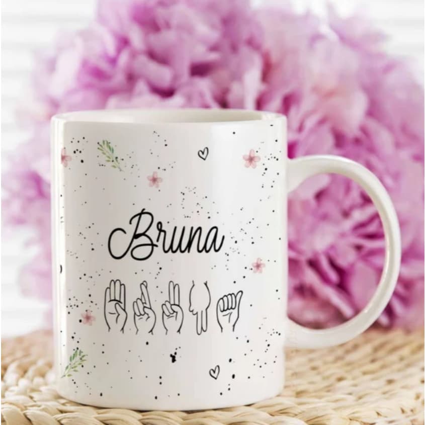 Caneca Cerâmica Personalizada com seu Nome em Libras Lingua de Sinais