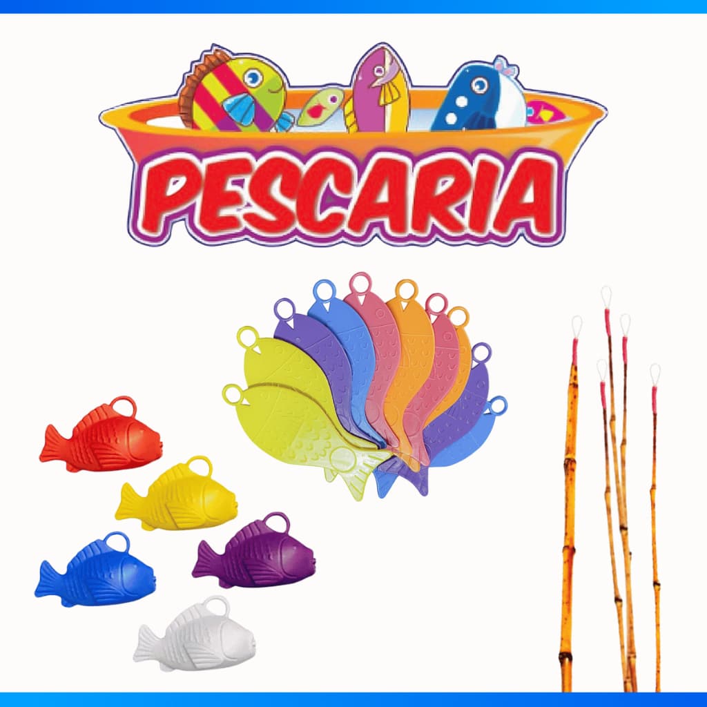 Kit Jogo Pescaria Festa Junina 5 Varas De Pesca + 10 Peixinhos Caipira Arraia